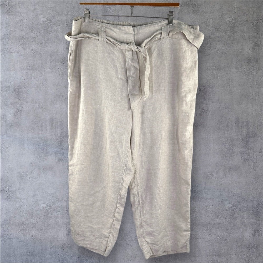 Chicos Size 3 16R Belted Linen Crop Pants Beige Tan Lightweight Breathable Beach